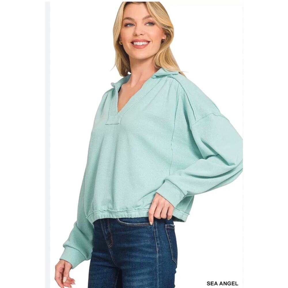 Zenana Collared Light Dusty Teal Boxy Pullover Raw Seams Size S